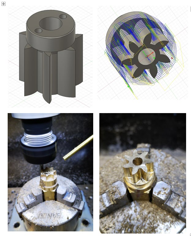 Images of the Fusion 360 process of creating the new 7 leaf pinion