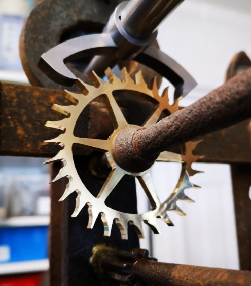 The finished escape wheel and pallets mounted in the Thwaites clock