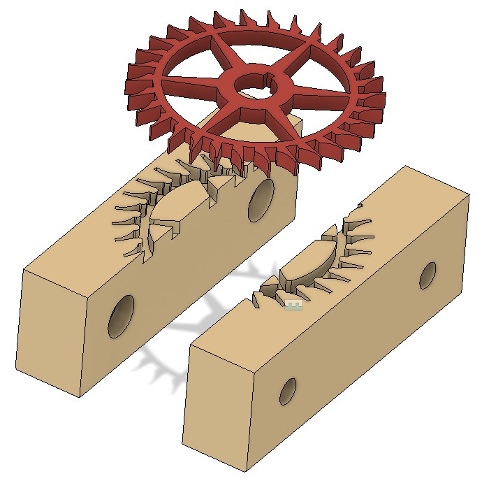 Fusion 360 view of the Thwaites wheel projected onto the PLA 3D printed soft jaws