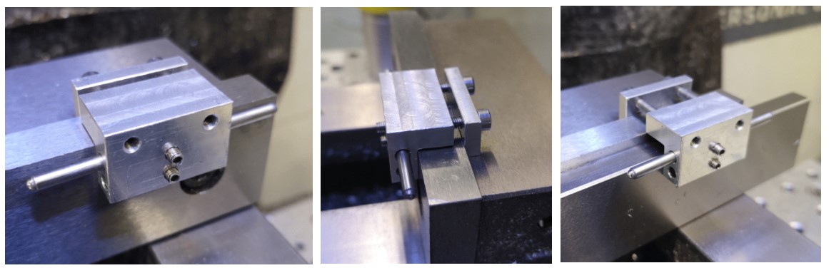 CNC vice stop showing clamping onto the vice jaw and also when used with a parallel