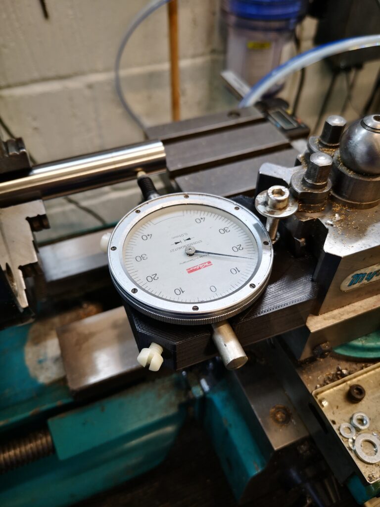 Dial gauge holder mounted in the Myford QCTP