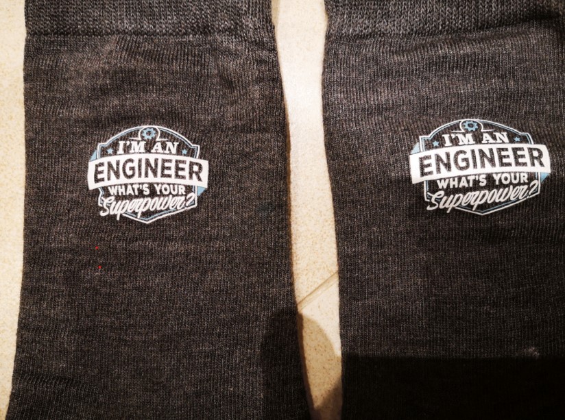 Bamboo brand socks with 'I'm an engineer - What's your Superpower' motif